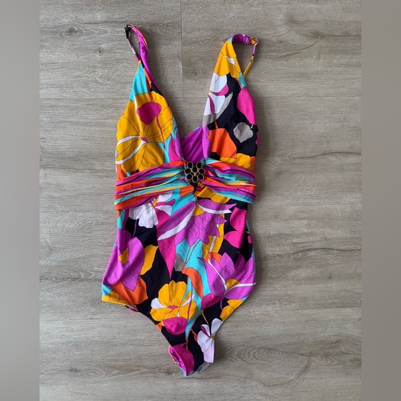 Trina Turk Gemini Plunge Maillot One Piece Swimsuit Vibrant Colorful SZ 14 - Picture 3 of 7